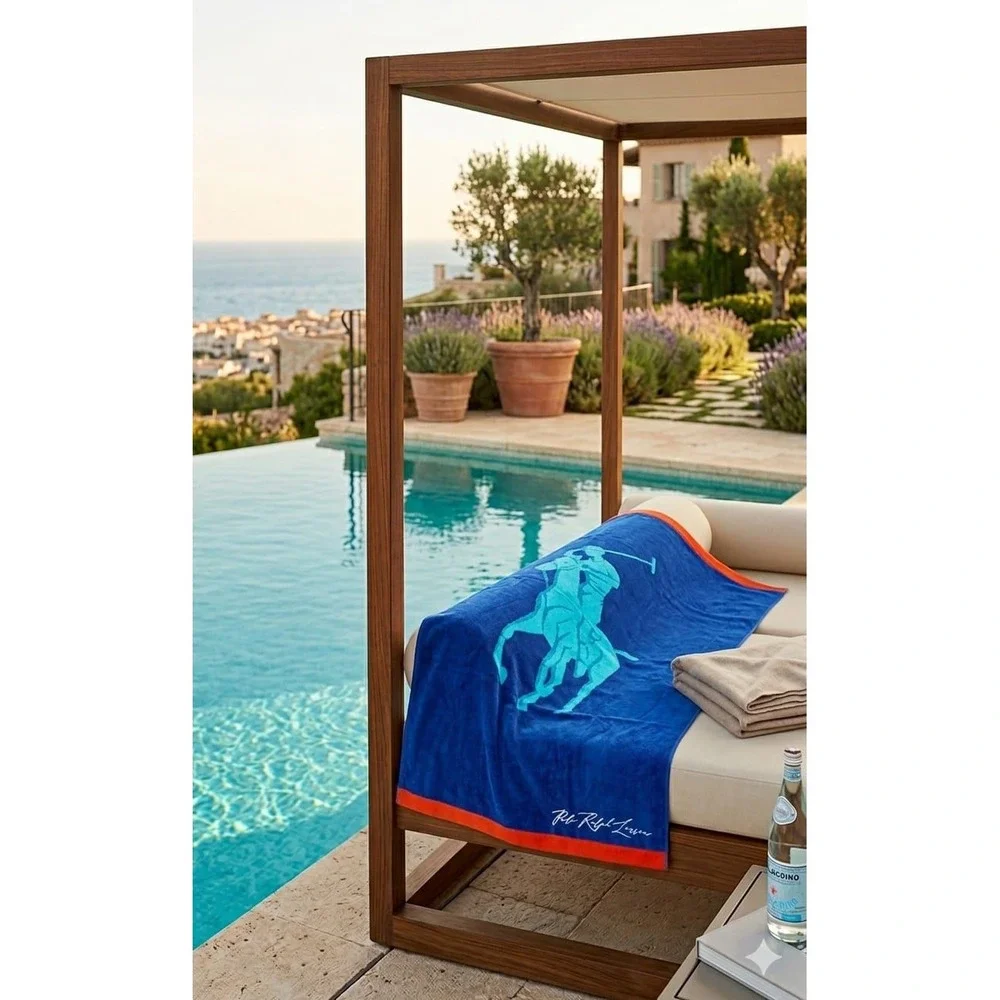 Polo Ralph Lauren Big Pony Navy Blue Turquoise Orange Cotton Velour Beach Towel